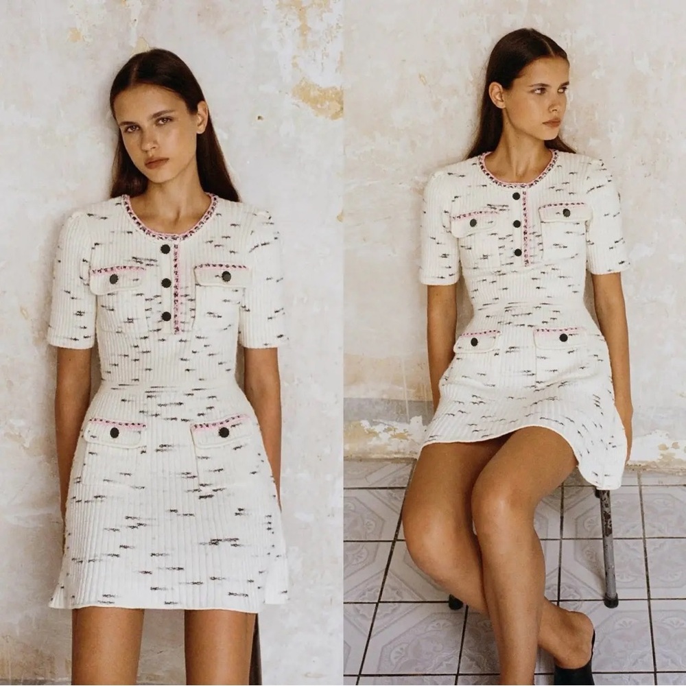 Self-Portrait White Tweed Mini Dress with Pink Trim